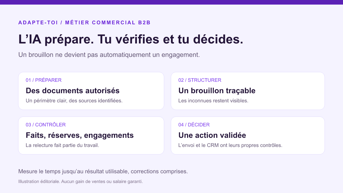 Schéma du travail commercial assisté : documents autorisés, brouillon, vérification puis décision du commercial.